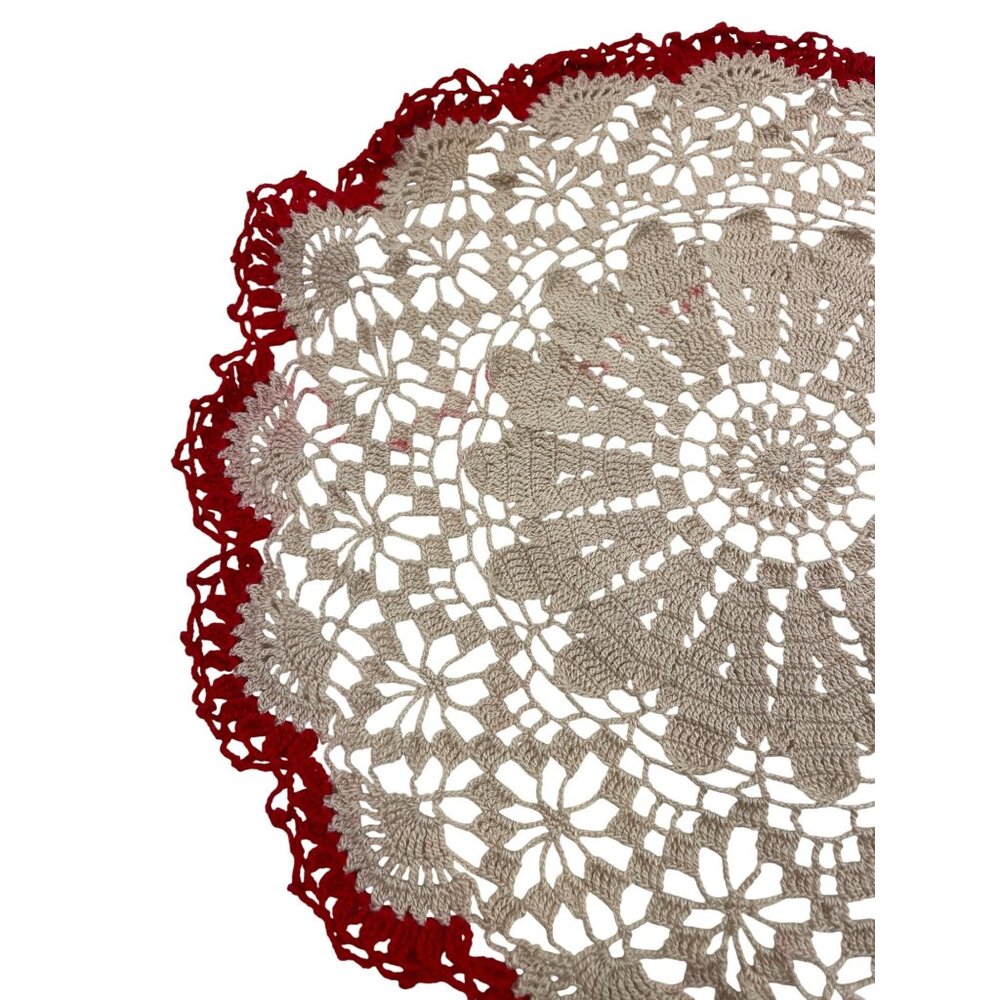 Handmade Crochet Doily Beige Center With Red Edging 11" Round Tabletop Decor - Picture 3 of 8